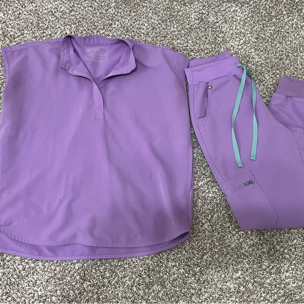Figs Lavender Track Pants & Top Set with Teal Drawstrings